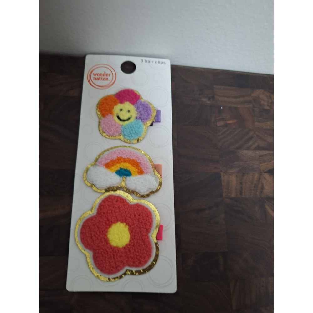Wonder Nation Girls 3 Pack Hair Clips Rainbow Smiley Flower Tufted Plush NWT